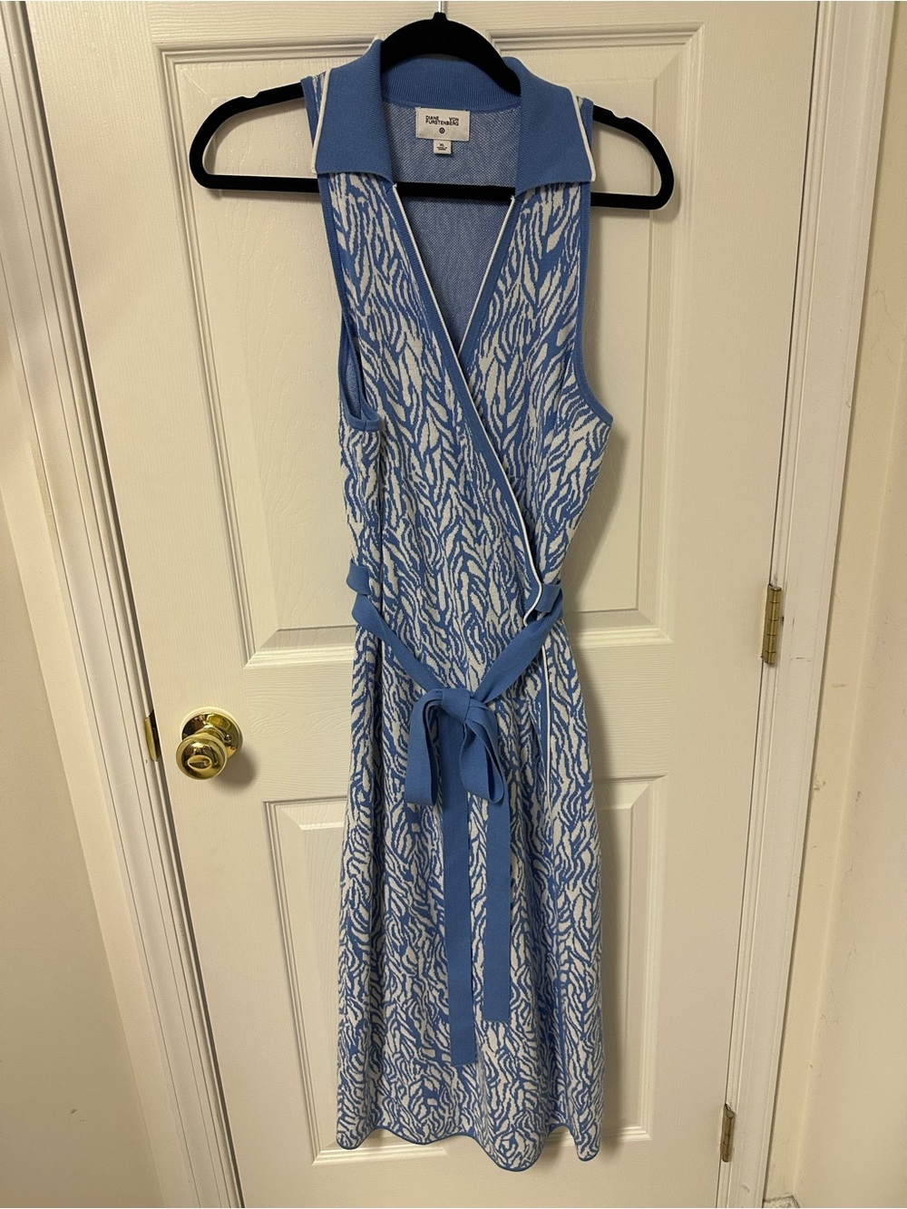 Diane Von Furstenberg Blue and White Sleeveless Wrap Midi Dress